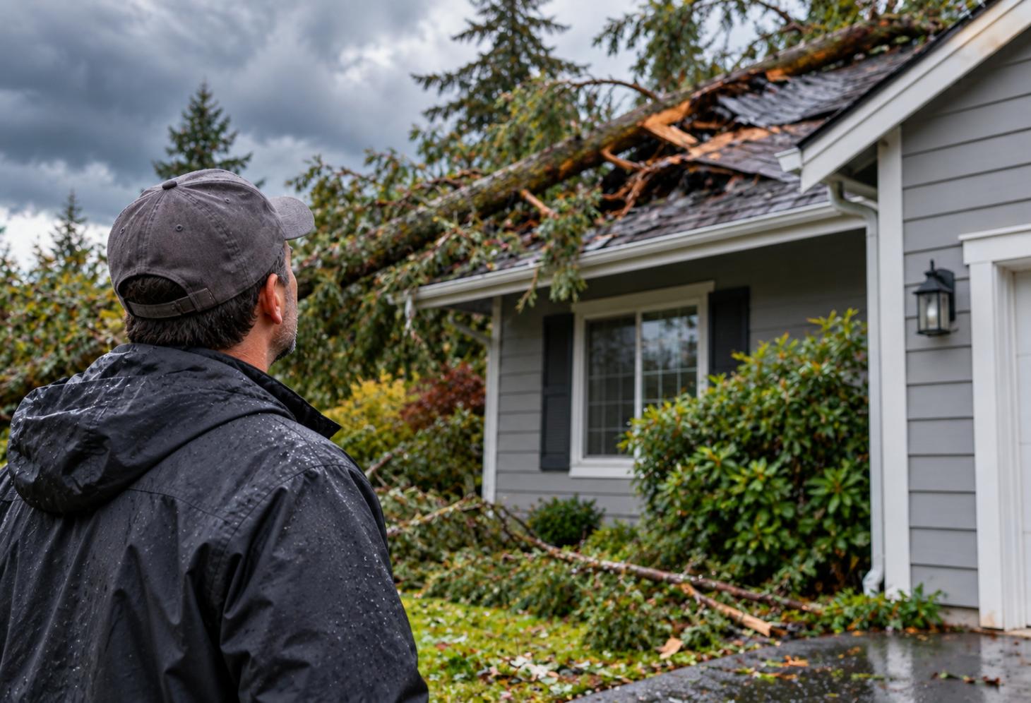 Homeowner inspecting storm damage to a roof after a fallen tree struck a house in Everett, Washington.